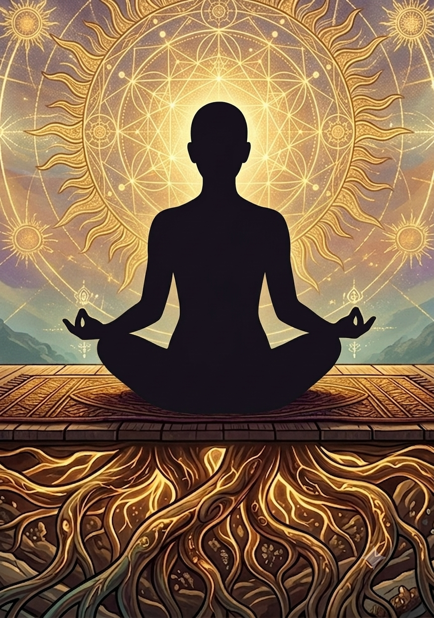 A meditator seated on a wooden deck beneath a radiant mandala sun, golden roots descending into the earth below: the map of meditation reaching from the subconscious roots, up through the material ground and the metaphysical branches, into the universe beyond.