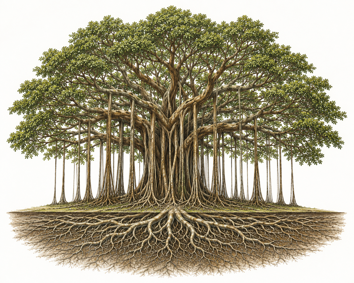 A banyan tree drawn in full: the canopy spreading wide, aerial roots dropping from the branches to become new trunks, and the root system fanning out below the ground line